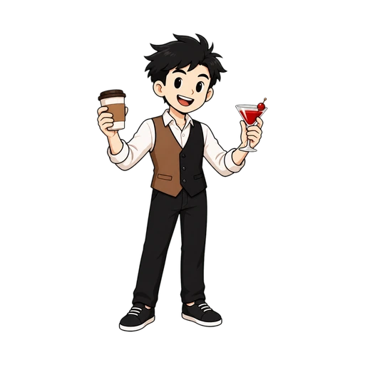 TIMI character holding a coffee and a cocktail